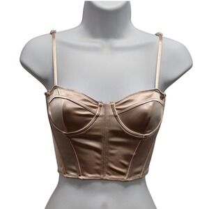 Juniors XS Champagne Satin Bustier Corset Crop Top Back Zip Beige Glam Party